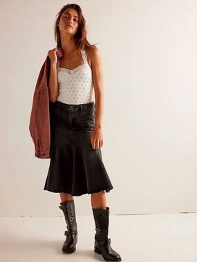 We The Free Free People Fishtail Denim Midi Skirt Black Flounce Hem Size 28